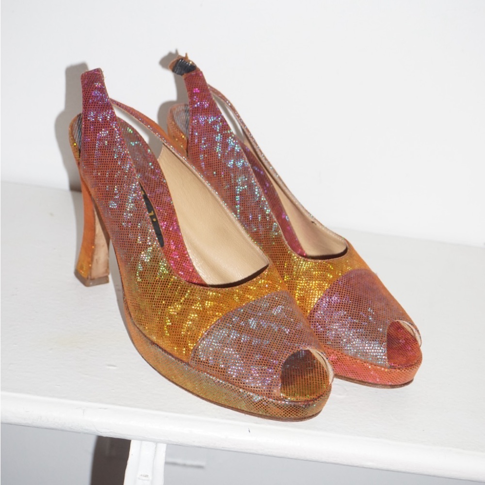 VINTAGE IRIDESCENT RAINBOW SNAKESKIN PEEPTOE SLINGBACKS MADE IN PARIS